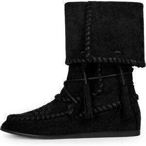⚡Women Black Faux Suede Woven Details Tassels Fold-Over Cuff Slouchy Flat Boots